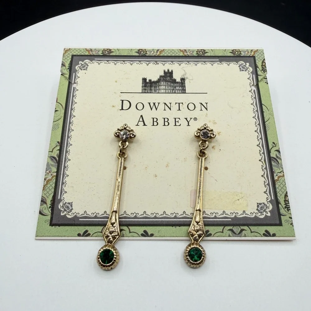Downton Abbey Gold Tone Green Crystal Art Deco Drop Dangle Earrings Costume